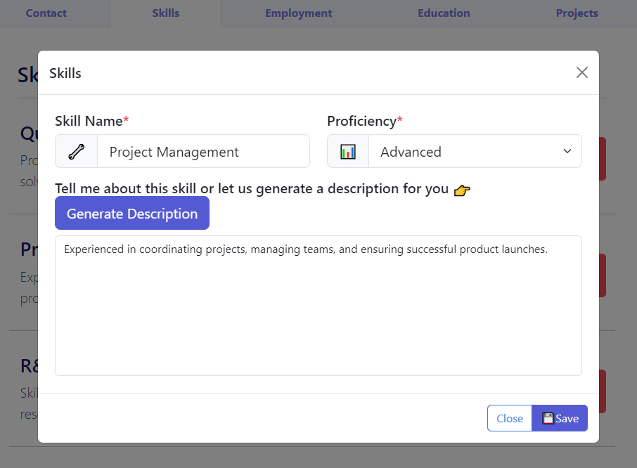 AI resume builder tools screen showing AI-assisted resume utilities