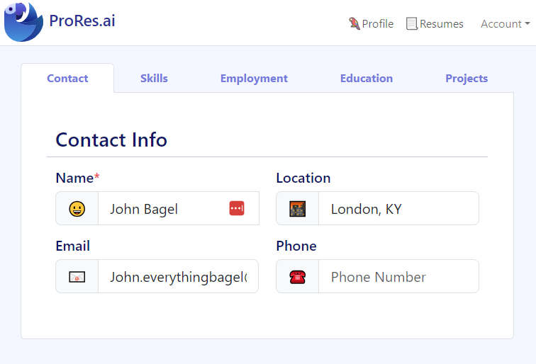 Profile builder screen preview showing saved profile information