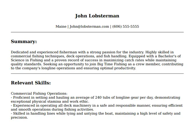 John Lobsterman's resume created using ProRes.ai