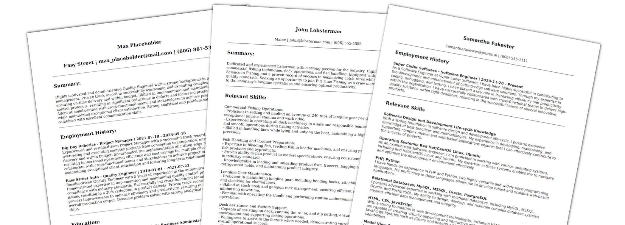 Three Resumes created using ProRes.ai